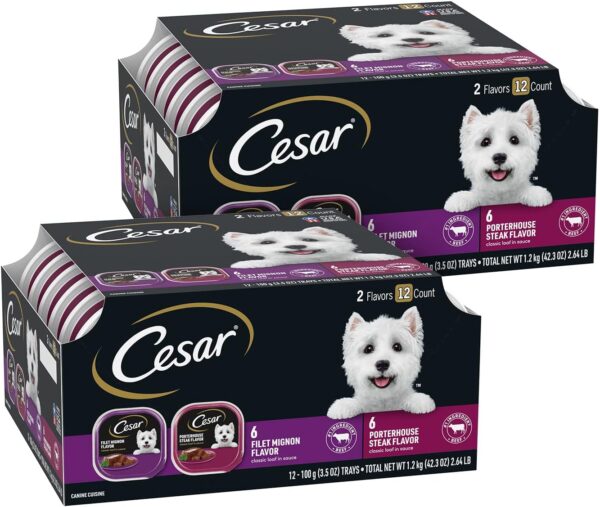 CESAR Adult Wet Dog Food Classic Loaf in Sauce Filet Mignon and Porterhouse Steak Flavors Variety Pack,(12) 3.5 oz. Easy Peel Trays, Pack of 2