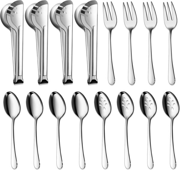 BEWOS Serving Utensils, 16-Piece Large Serving Set, 9.1” Serving Spoons, 9.1” Slotted Spoons, 9.1” Serving Forks, 9.5” Serving Tongs, Stainless Steel Serving Utensils Set for Parties, Dishwasher Safe