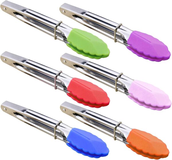 Small Tongs with Silicone Tips 7-Inch Mini Serving Tongs, Set of 6 (Green Red Blue Purple Pink Orange)