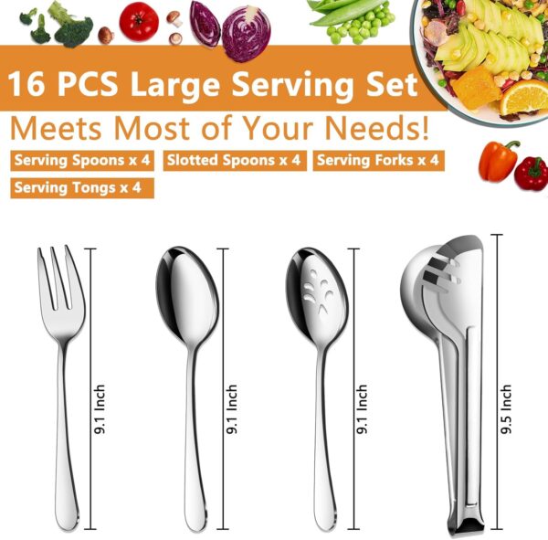 BEWOS Serving Utensils, 16-Piece Large Serving Set, 9.1” Serving Spoons, 9.1” Slotted Spoons, 9.1” Serving Forks, 9.5” Serving Tongs, Stainless Steel Serving Utensils Set for Parties, Dishwasher Safe - Image 2