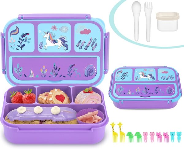 Bento Lunch Box for Kids - 4 Compartments, Sauce Container, Utensils, Food Picks and Muffin Cups, Purple Unicorn