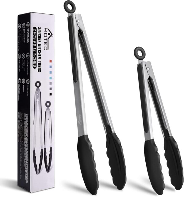 HOTEC Premium Stainless Steel Locking Kitchen Tongs with Silicon Tips, Set of 2-9" and 12"