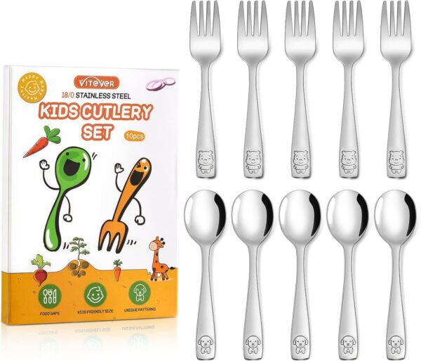 VITEVER 10-Piece Toddler Utensils, Kids Stainless Steel Silverware Set, Children Safe Forks and Spoons - Mirror Polished, Dishwasher Safe