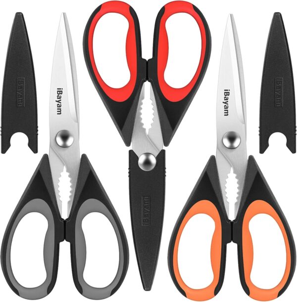 iBayam 3-Pack Kitchen Scissors All Purpose Kitchen Shears Heavy Duty Scissors with Protective Sheath for Food, 8.5" Comfort Grip Stainless Steel Dishwasher Safe Cooking Scissors, Kitchen Utensils