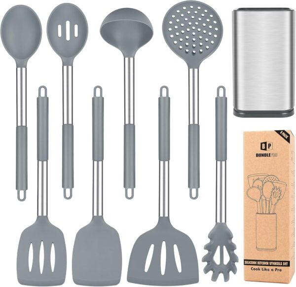 Silicone Cooking Utensil Set, 8Pcs Non-stick Cookware with Stainless Steel Handle, BPA Free Heat Resistant Kitchen Tools with Spatulas, Turnesr, Spoons, Skimer and Pasta Fork (GRAY)