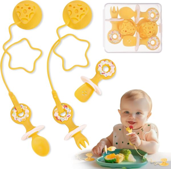 3 Pack Baby Fork and Spoon Set, Suction Baby Spoons Self Feeding 6 Months Anti-Dropping Training Utensils for Baby Led Weaning, Silicone Baby Utensils Feeding Supplies First Stage+Second Stage, Yellow