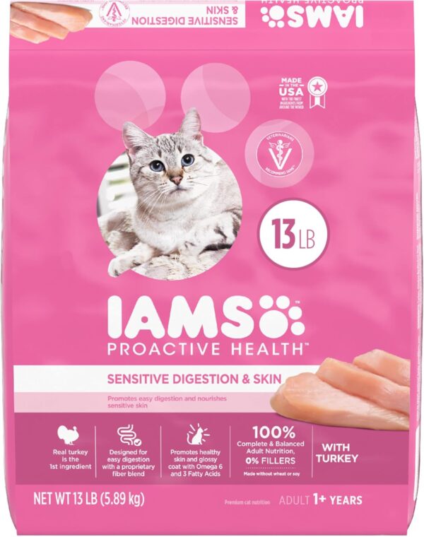 IAMS Proactive Health Adult Sensitive Digestion & Skin Dry Cat Food with Turkey, 13 lb. Bag