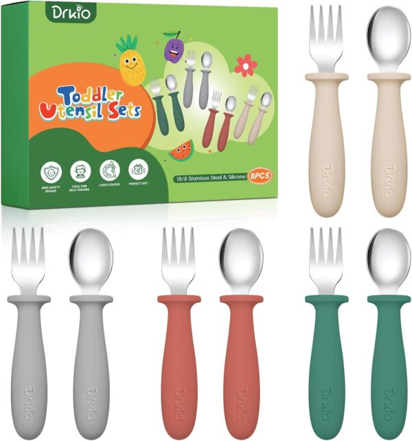 DRKIO 8 Pieces Toddler Utensils Set - Kids Silverware Set with Silicone Handle Children Safe 18/8 Stainless Steel Forks and Spoons Anti-Choke Design Food Grade Dishwasher Safe