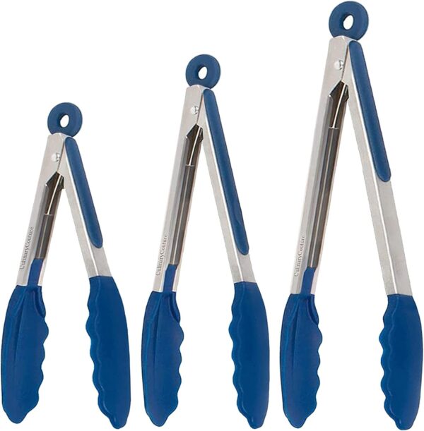 Silicone Kitchen Tongs with Silicone Tips, Set of 3 Heat Resistant Tongs for Serving Food, 7-Inch, 9-Inch, 12-Inch Locking Silicone Tongs for Cooking Tongs, Salad Tongs, Blue Kitchen Utensils