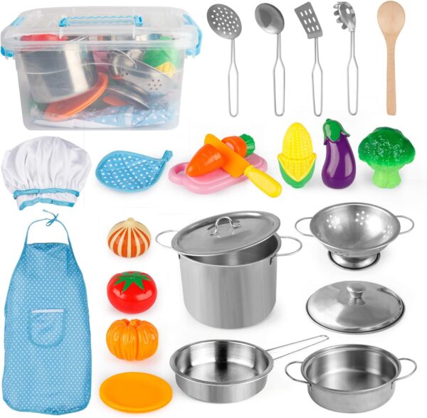 D-FantiX Play Kitchen Accessories, Kids Play Pots and Pans Playset with Mini Stainless Steel Pretend Play Cooking Toys, Cookware Utensils, Apron and Chef Hat, Cutting Food for Toddler Boys Girls