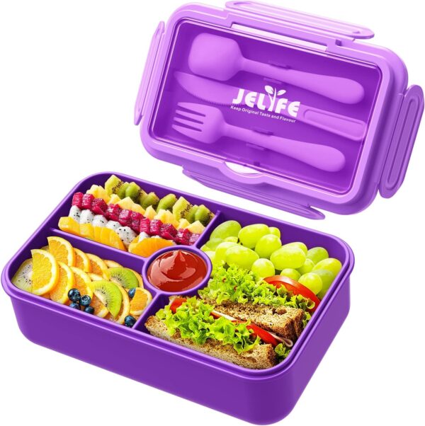 Jelife Lunch Box Kids Bento Box - Large Bento-Style Leakproof 4 Compartments Kids Lunchbox Food Containers with Utensils for Back to School, Reusable On-the-Go Meal and Snack Packing, Purple