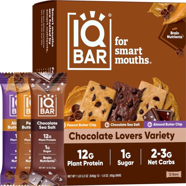 IQBAR Brain and Body Plant Protein Bars - Chocolate Lovers Variety - 12 Count, Low Carb, High Fiber, Gluten Free, Vegan Snacks - Low Sugar Keto Bars