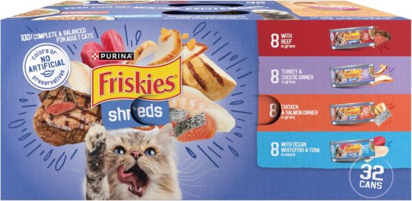 Purina Friskies Gravy Wet Cat Food Variety Pack, Savory Shreds With Beef, Turkey and Cheese Dinner, Chicken and Salmon Dinner, With Ocean Whitefish and Tuna - (Pack of 32) 5.5 oz. Cans