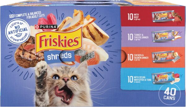 Purina Friskies Wet Cat Food Variety Pack, Shreds With Beef, Turkey and Cheese Dinner, Chicken and Salmon Dinner, and With Ocean Whitefish and Tuna - (Pack of 40) 5.5 oz. Cans