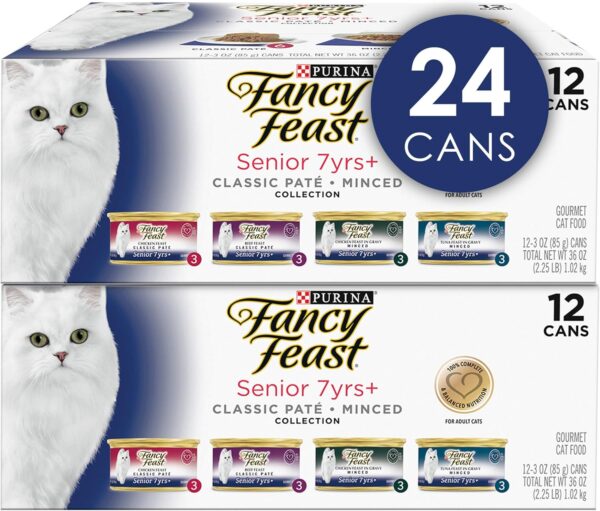 Purina Fancy Feast High Protein Senior Wet Cat Food Variety Pack, Senior 7+ Chicken, Beef & Tuna Feasts - (2 Packs of 12) 3 oz. Cans