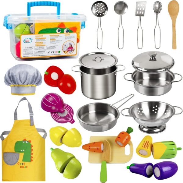 Sundaymot Play Kitchen Accessories, Wooden Play Food, Cooking Set with Stainless Steel Cookware Pots and Pans Utensils, Apron, Chef Hat, ​Cutting Food Kitchen Playset for Girls and Boys