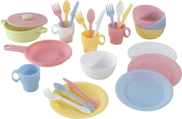 KidKraft 27-Piece Pastel Cookware Set, Plastic Dishes and Utensils for Play Kitchens, Gift for Ages 18 mo+