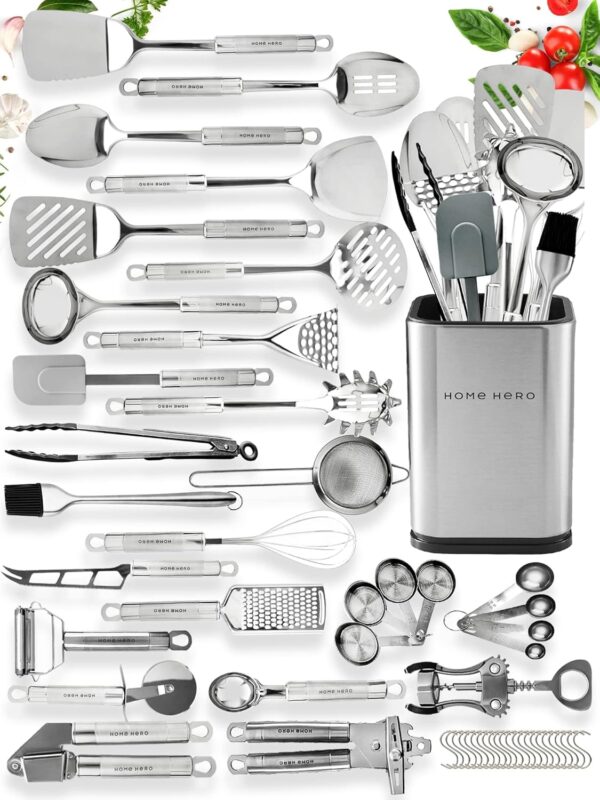 Home Hero 54 Pcs Stainless Steel Kitchen Utensils Set - Nonstick Stainless Steel Cooking Utensils Set - Heat Resistant Kitchen Essentials & Metal Kitchen Gadgets (54 Pcs)