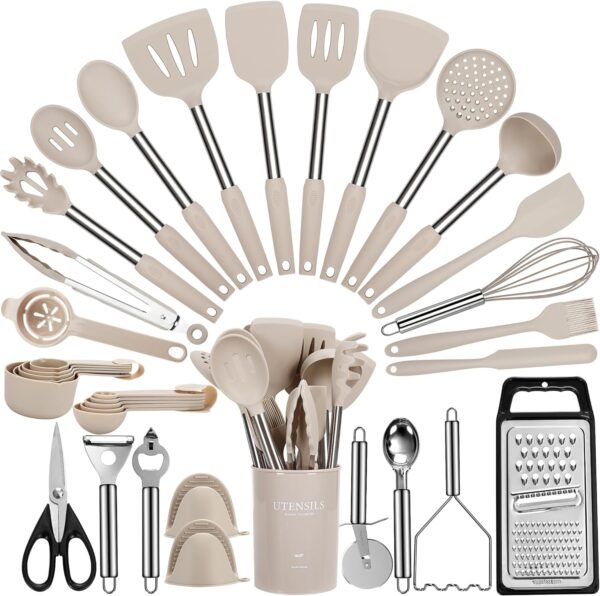 Large Cooking Utensils Set, 35 Pcs Spatula Set with Holder, Silicone Kitchen Utensils Set with Stainless Steel Handle, Cheese Grater, Ice Cream Scoop, Pizza Cutter Kitchen Gadgets (Khaki)