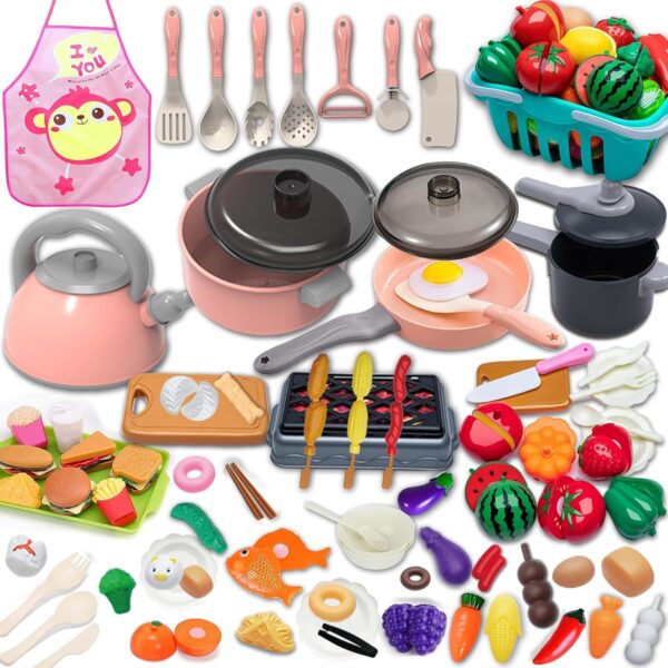 Kids Kitchen Toy Accessories Kitchen Playset Pretend Cooking Play Pots Pans Utensils Cookware Food Fruit Veges Shopping Storage Basket Learning Present for Girls Boys