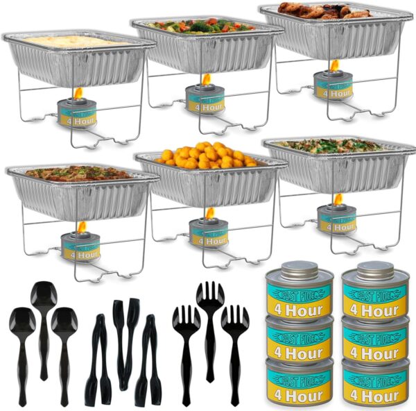 Chafing Dish Buffet Set, Half Size, Disposable Catering Supplies -6 Pack- Food Warmers for Parties: Foldable Wire Racks, Fuel, Aluminum Water Pans, Food Pans, Serving Utensils -Single Pan Food Warmer