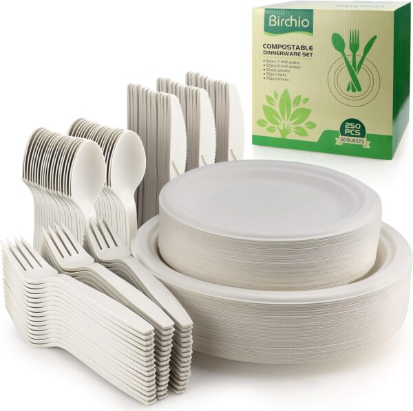 250 Piece Biodegradable Paper Plates Set (EXTRA LONG UTENSILS), Disposable Dinnerware Set, Eco Friendly Compostable Plates & Utensil include Plates, Forks, Knives and Spoons for Party