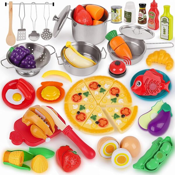 Pretend Play Kitchen Accessories- 64pcs Stainless Steel Play Pots Pans with Cutting Toy Food, Toy Cookware Cooking Utensils, Pretend Food Toy, Pizza Toy, Kids Kitchen Playset for Toddler Boys Girl