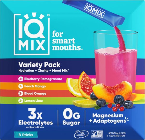 IQMIX Sugar Free Electrolytes Powder Packets - Hydration Supplement Drink Mix with Keto Electrolytes, Lions Mane, Magnesium L-Threonate, and Potassium Citrate - Sampler Pack (8 Count)