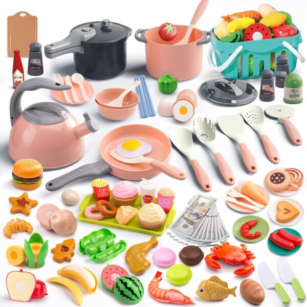 130Pcs Kitchen Playset, Toddler Pretend Cooking Play Pots, Pans, Utensils Cookware, Daily Food Fruit Veges, Shopping Storage Basket, Dessert, Prop Money, Learning Gift for Child (Pink)