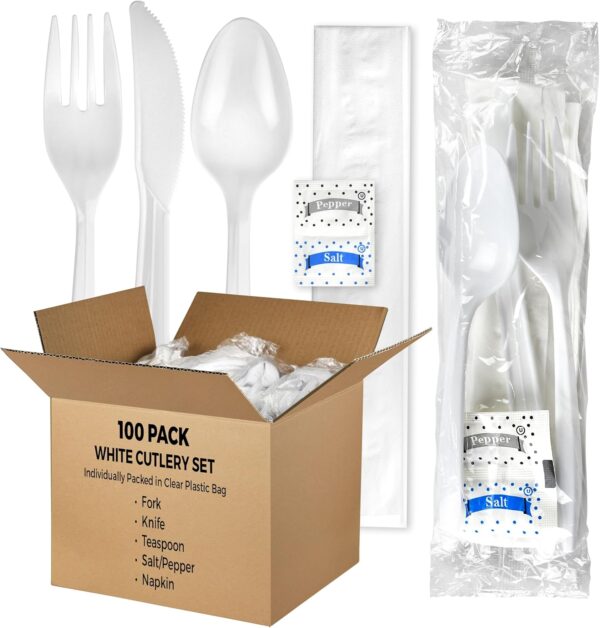 (100 Pack) Medium Weight Wrapped white Plastic Cutlery Pack with Napkin and Salt/Pepper Packets (White)