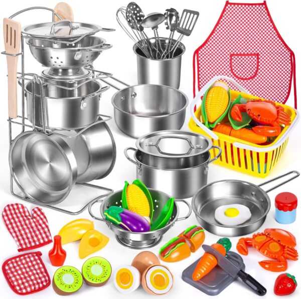 Kids Pretend Play Kitchen Toys Accessories Set, 32 Items Stainless Steel Toy Pots and Pans Sets w/ Rack Organizer, Metal Cooking Utensils & Apron, Play Food w/ Basket for Kids Girls Boys Toddlers