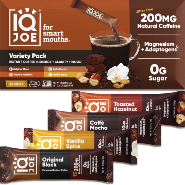 IQJOE Instant Mushroom Coffee Packets with Lion’s Mane and Magtein Magnesium L-Threonate - New Variety Pack - Clarity and Mood Enhancing - Sugar Free, Keto, Vegan - 200mg Natural Caffeine - 16 Count