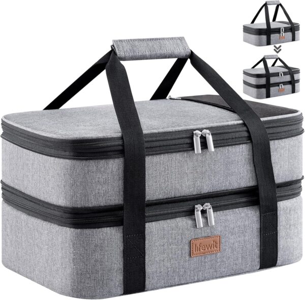 Lifewit Insulated Double Casserole Carrier Thermal Lunch Tote for Potluck Parties, Picnic, Beach, Fits 9 x 13 Inches Casserole Dish, Expandable by Mid Zipper, Grey